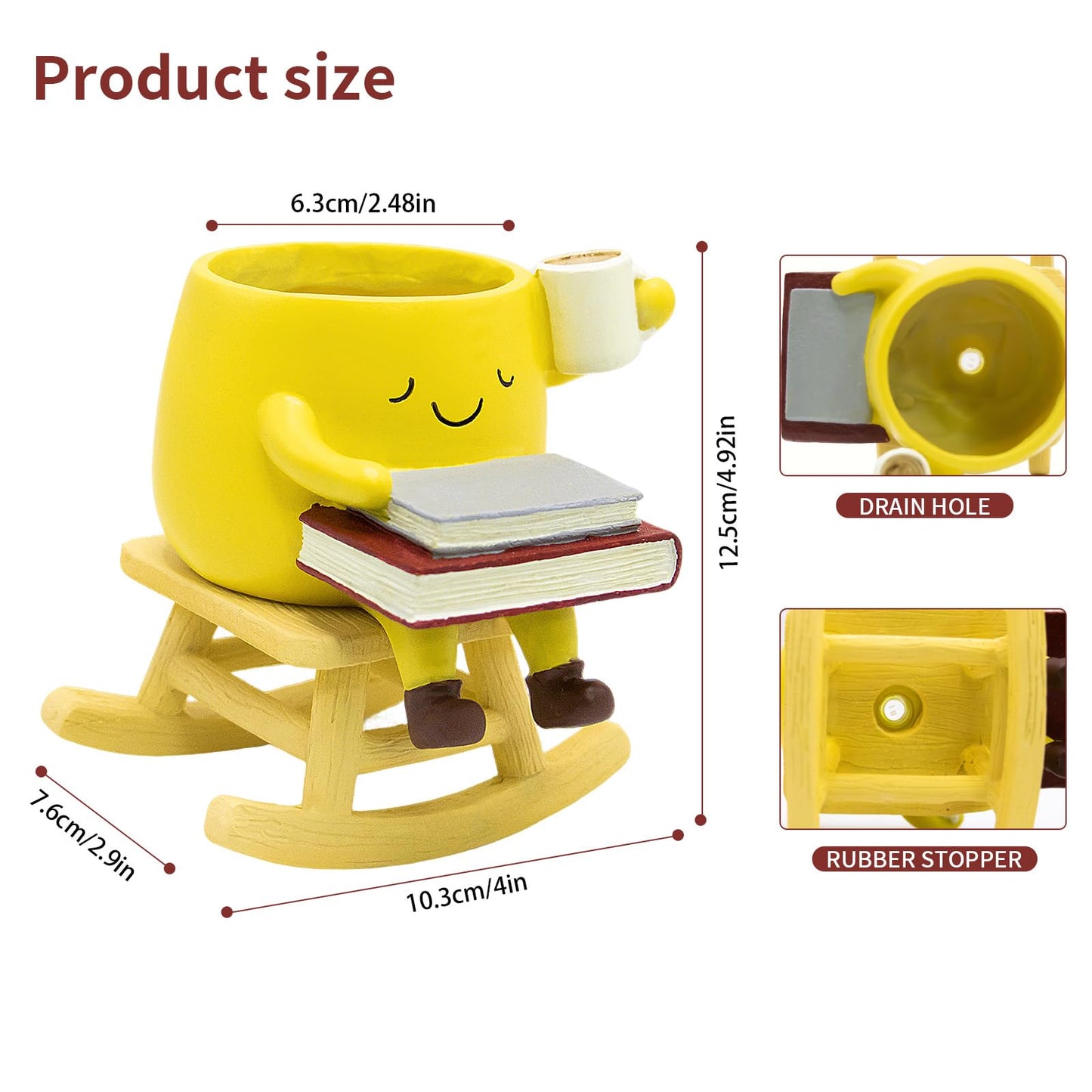 YOUOIVIA Rocking Chair Face Planter, Cute Coffee Plant Pots for Indoor Outdoor, Resin Funny Planter with Drainage, Unique Cactus Succulents Flower Pot, Desk Plant Table Top Decor, Home Gifts (Yellow)