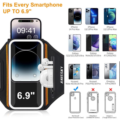 Running Armband with Earphone Bag Cell Phone Armband for iPhone 17 16 15 Pro 14 Plus 13 11 XR, Galaxy S24/S10 Water Resistant Sports Phone Holder Case & Zipper Slot Car Key Holder for 6.9 inch Phone