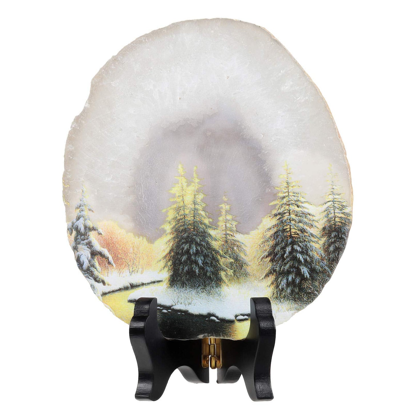 mookaitedecor Natural Agate Slice Art Print Forest Pattern Table Display with Wooden Stand, Irregular Agate Geode Stone Figurine for Office & Home Decoration