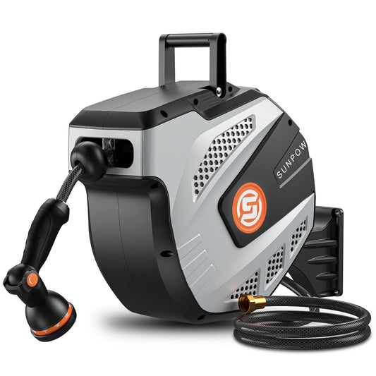 SUNPOW Retractable Garden Hose Reel - 1/2 inch x 50ft Wall Mounted Hose Reel with 3/4 inch Brass Fitting & 10 Function Sprayer Nozzle - Any Length Lock, Auto Rewind System, 180°Swivel Bracket - Grey