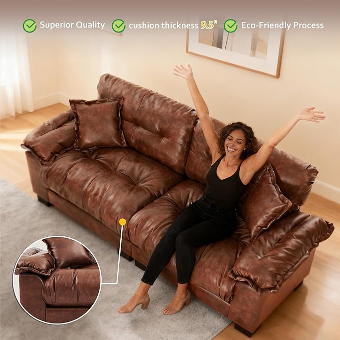 Faux Leather Sofa, Mid Century Modern Deep Loveseats, Comfy Cloud Couch