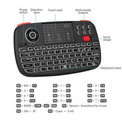 New Dual Mode Wireless Multimedia Keyboard with Touchpad Mouse Rii I4 Bluetooth 4.0 with 2.4G Wireless Mini Keyboard with Scroll Button LED Backlit Rechargeable Battery