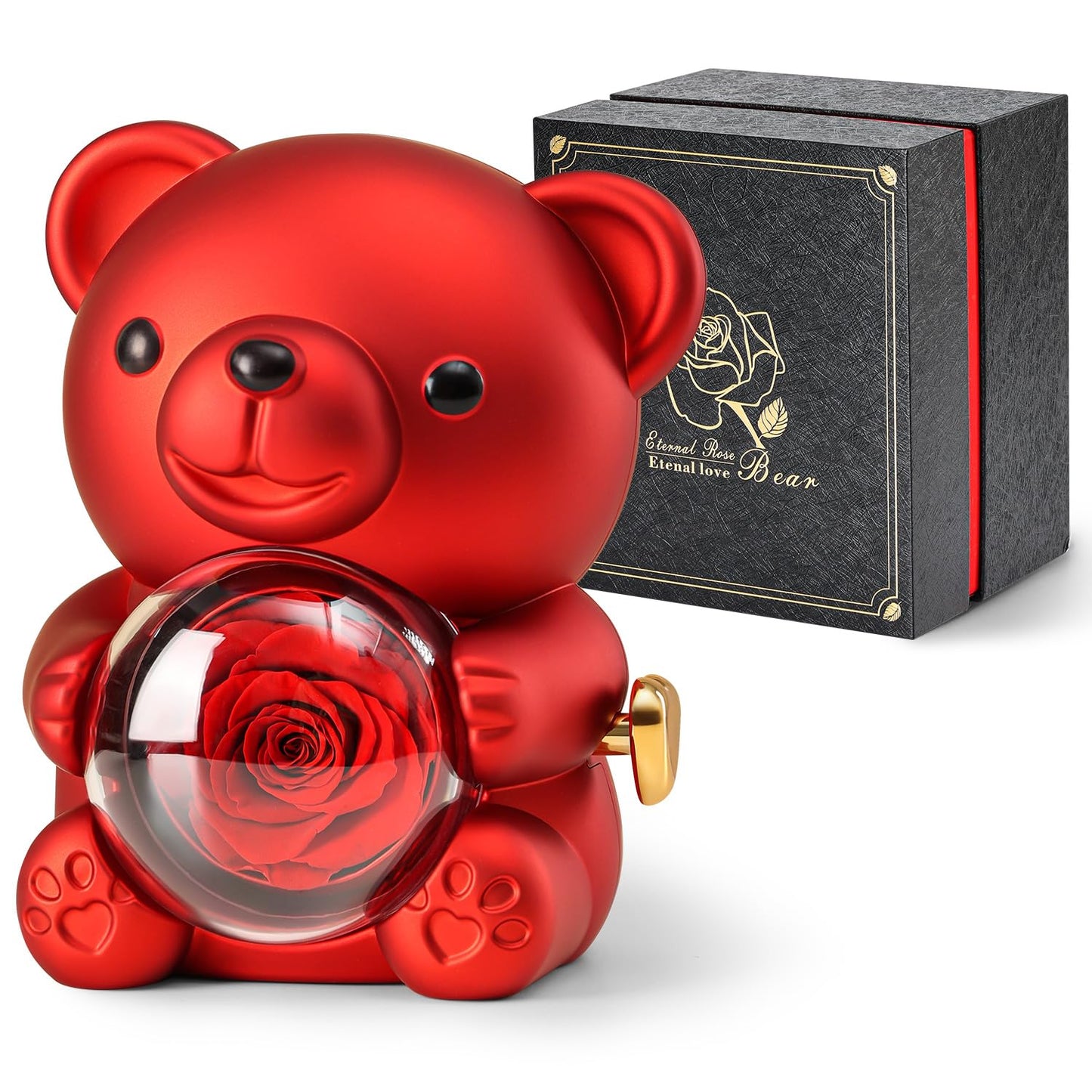Cute Teddy Bear with Preserved Rose - A Real Rose Flower in Bear with Elegant Gift Box - Romantic Gift for Her in Mother's Day, Weddings, Anniversaries, and Bridal Showers (Red)