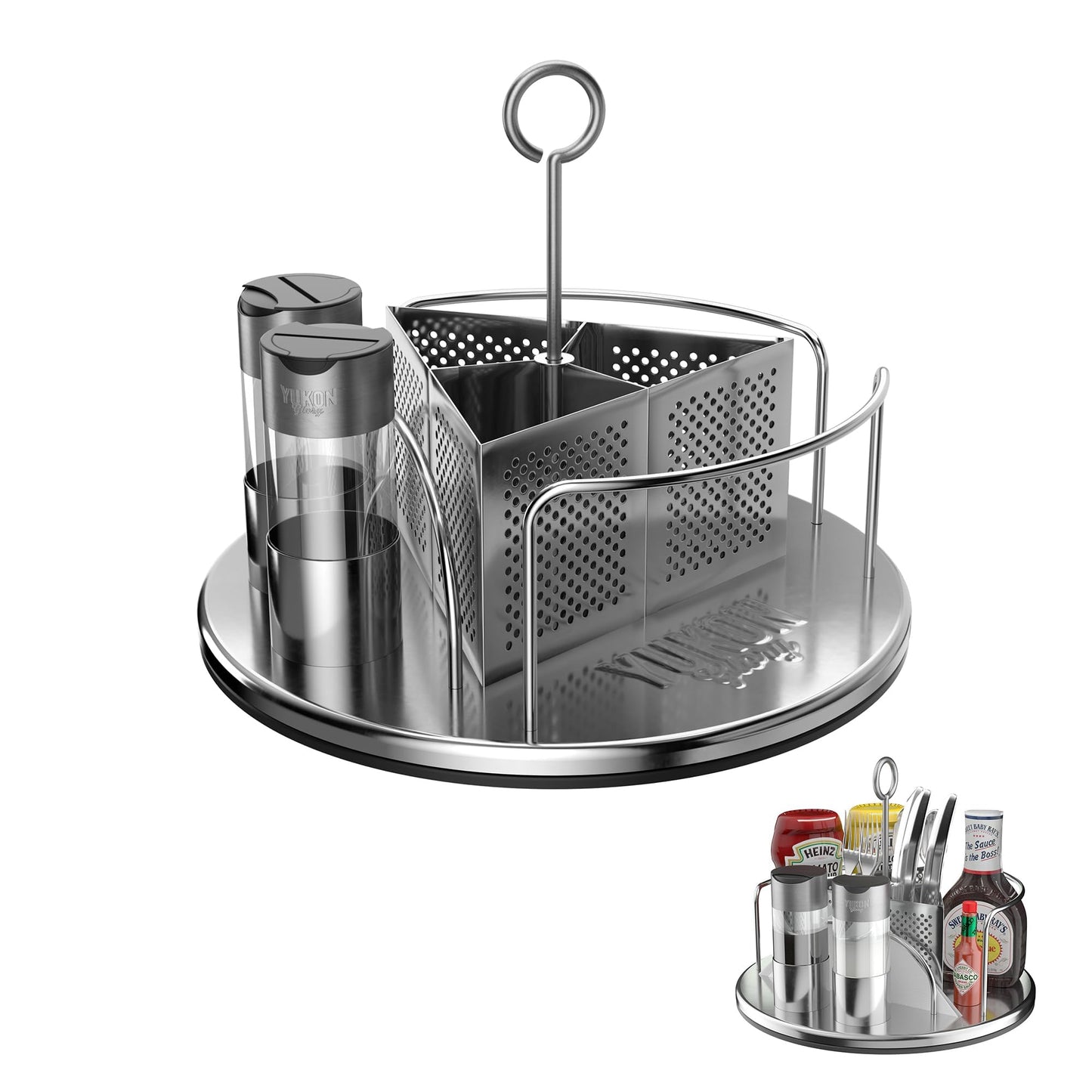 Yukon Glory Rotating Condiment Caddy | Commercial-Grade Stainless Steel | 360-Degree Rotation | 2 Glass Salt & Pepper Shakers | Carry Handle | Patent Pending | Outdoor Grill & Patio