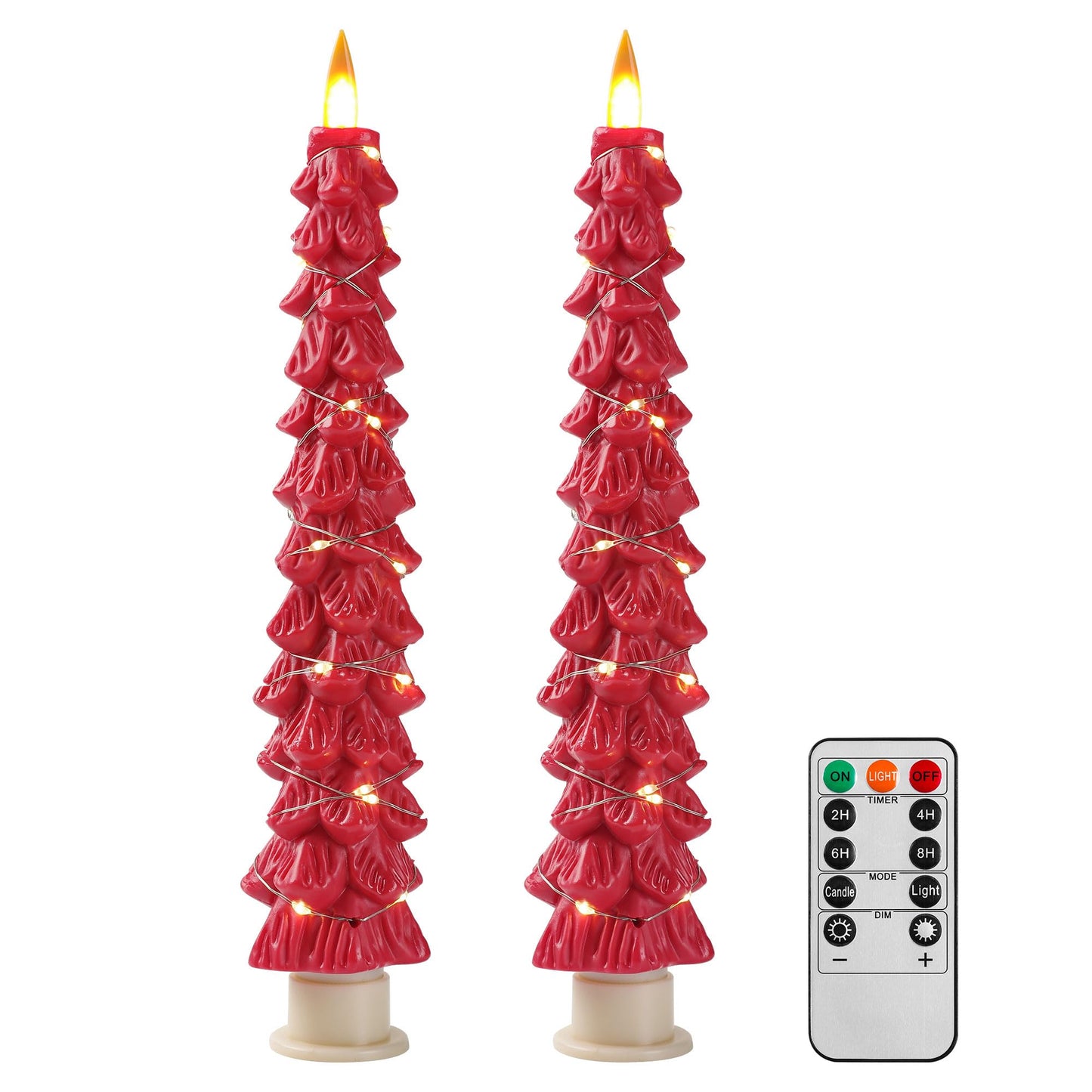 Da by 2 Pack Red Christmas Tree LED Taper Candles, Flameless Candles with Surrounding Copper String Lights, Upgraded Realistic Flickering Flame, Battery Operated with Remote for Christmas Home Decor