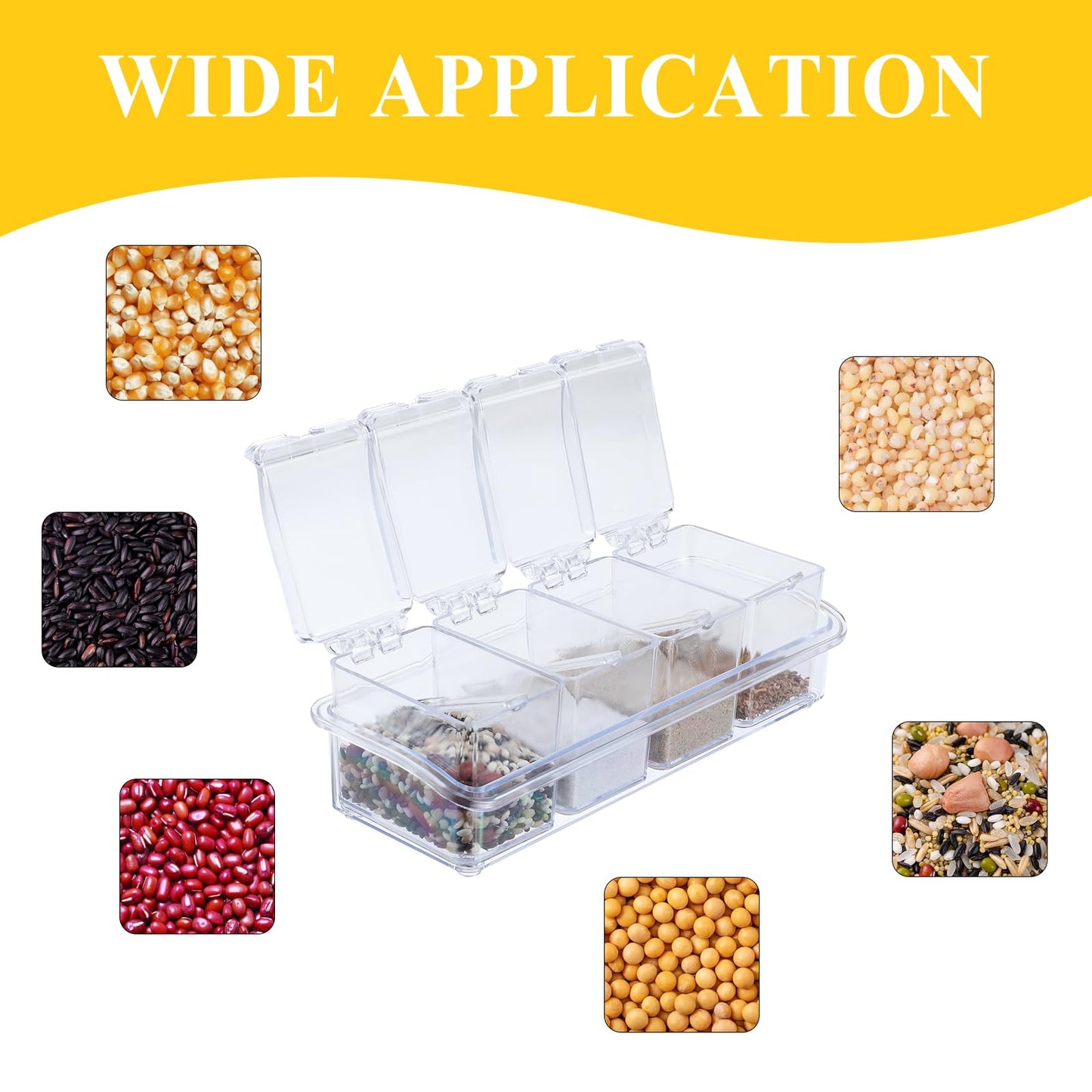 Tobeelec 4 Pcs Clear Seasoning Box with Spoons, 16 Pcs Kitchen Clear Seasoning Rack Spice Pots Spice Storage Containers Condiment, Transparent Spice Jars with Cover for Salt Candy Cruet Sugar
