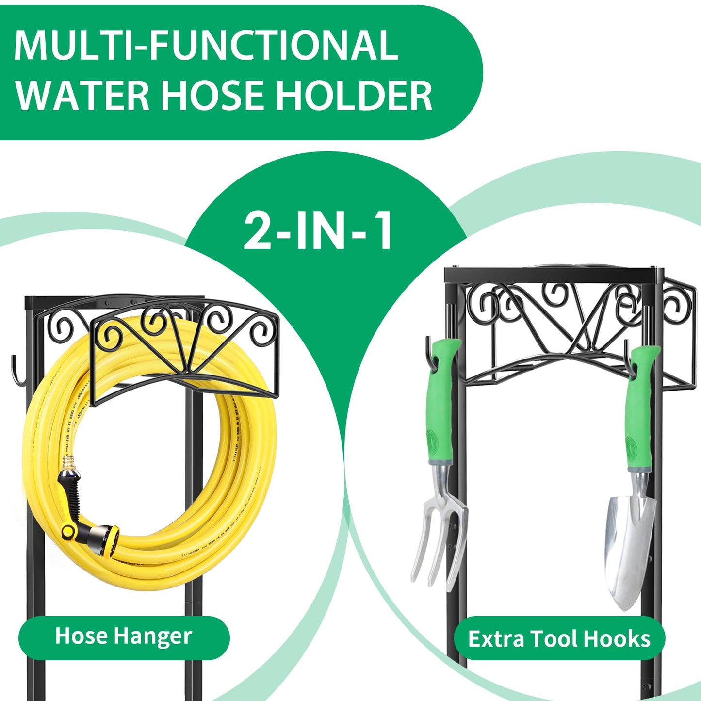 TomCare Garden Hose Holder Upgraded Heavy Duty Metal Water Hose Holder Holds 160 FT Hoses Sturdy Hose Reel with 2 Tool Hooks Freestanding Outdoor Hoses Storage Hanger for Outside Yard Lawn, Black