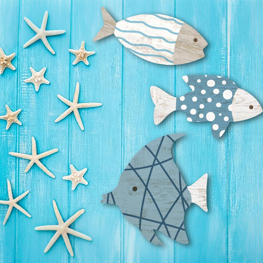 PRESSINART 3 Pcs Wooden Fish Wall Decor Sea Wall Sculptures Fishs Ocean Theme Hanging Art Signs for Lake House Restaurants Shop Bedroom Bathroom Dining Room Kitchen Home Office Garden Decorations