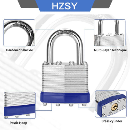 HZSY Padlocks Keyed Alike, Pack of 6, Laminated Steel Keyed Lock (1-9/16", 40mm), Padlocks with Same Key, Normal Shackle, for Toolbox, Locker & StorageUnit or More