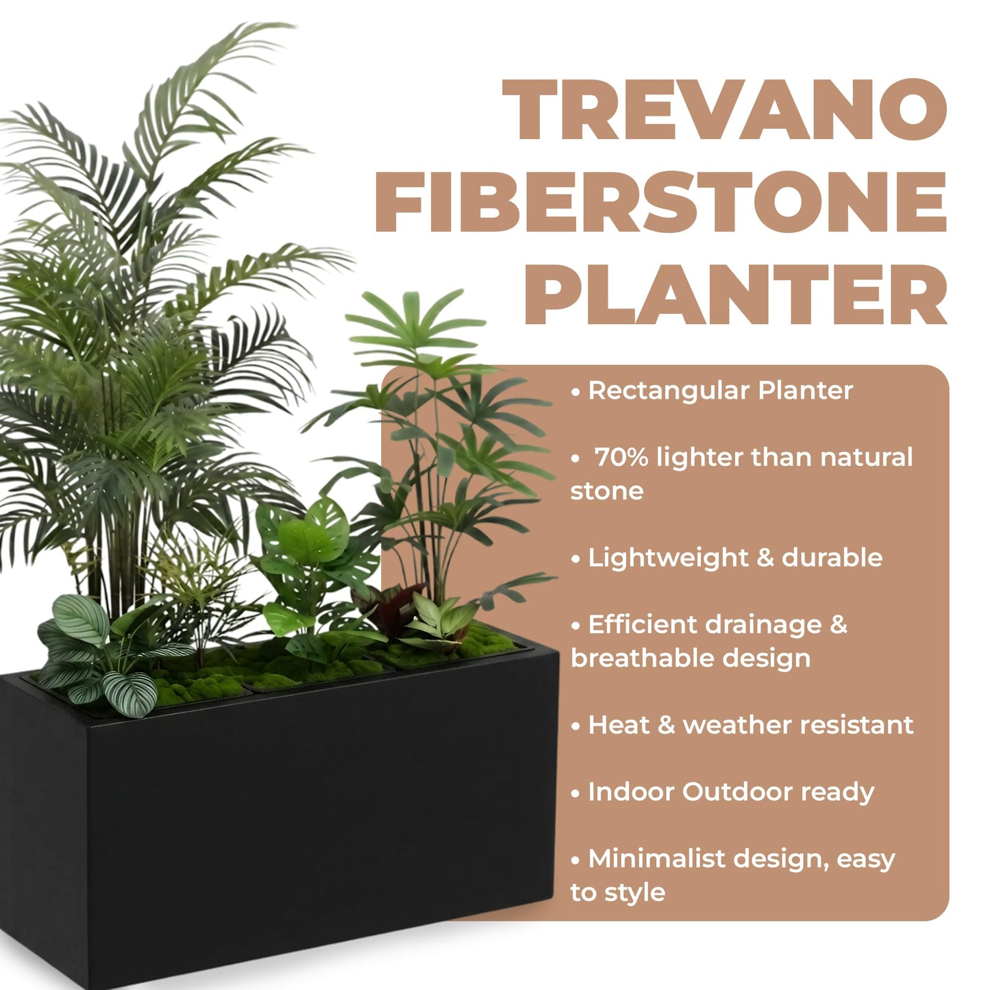 DEPLA LANE Trevano Fiberstone Rectangular Planter (26" L x 9.8" W x 15.7" H) Smooth Finish, Removable Inner Pots, Lightweight, Durable, UV Resistant, Minimalist Indoor Outdoor Plant Pot (M, Black)