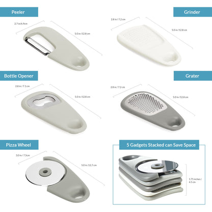 PortoFino Kitchen Gadgets Set 5 Pieces, Includes Pizza Cutter, Cheese Grater, Vegetable Peeler, Bottle Opener, Garlic Grinder, RV Kitchen Accessories, Space Saving Design, Dishwasher Safe