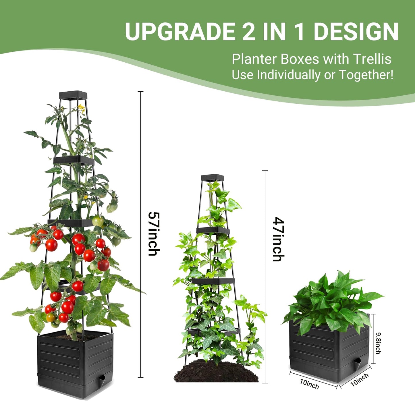 2 Pack Tomato Planter with Trellis 57 Inch, Raised Garden Bed Planter Boxes Self-Watering for Climbing Vegetable, Plants and Tomato Cages for Indoor Outdoor