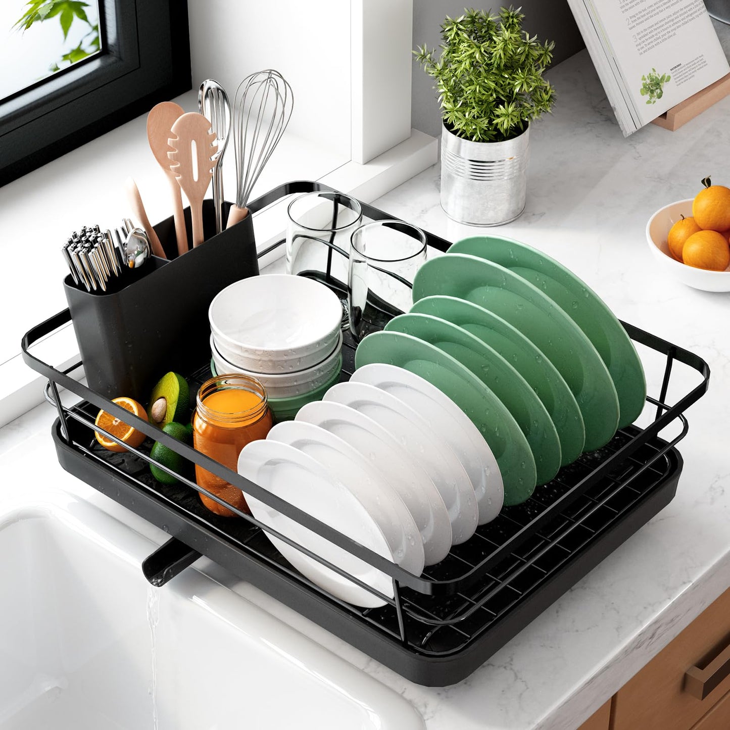 Kitsure Dish Drainer Rack- Space-Saving Dish Drainer, Dish Racks for Kitchen Counter, Stainless Steel Kitchen Drying Rack with a Cutlery Holder, Large, Black