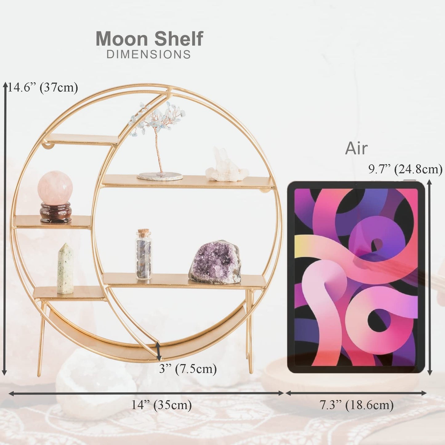 Apresolar 14'' Matte Gold Moon Shelf for Crystals - 7-Tier Open Design, Wall & Countertop Display, Modern Style, Holds Crystals, Essential Oils, Nail Polish