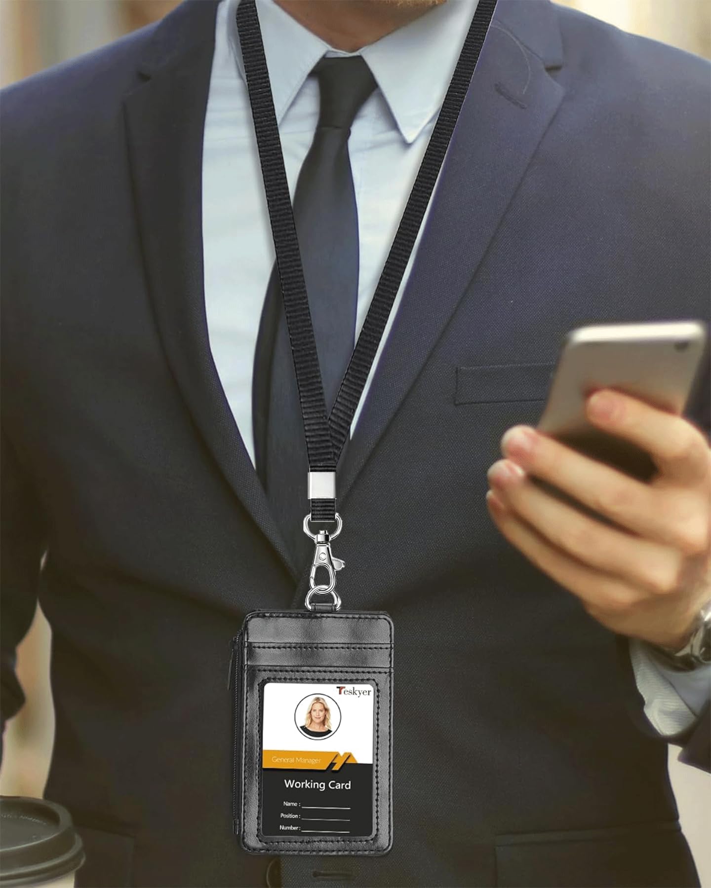 Teskyer ID Badge Holder with Lanyard, 1 Zip Pocket and 4 Card Slots, Lanyard ID Card Holder Wallet for Office School Work Badges, Cruise Ship Cards, Hotel Key Cards, Pass Cards - Black