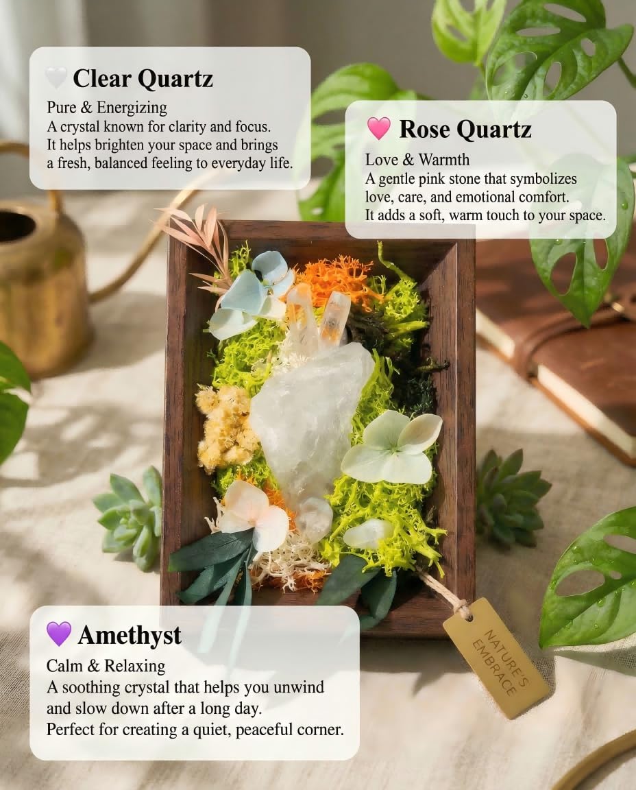 Natural Amethyst Crystal Wooden Frame Display with Preserved Flowers, Home Protection Healing Stones Decor Set, Purple Clear Pink,Housewarming Gift (White)