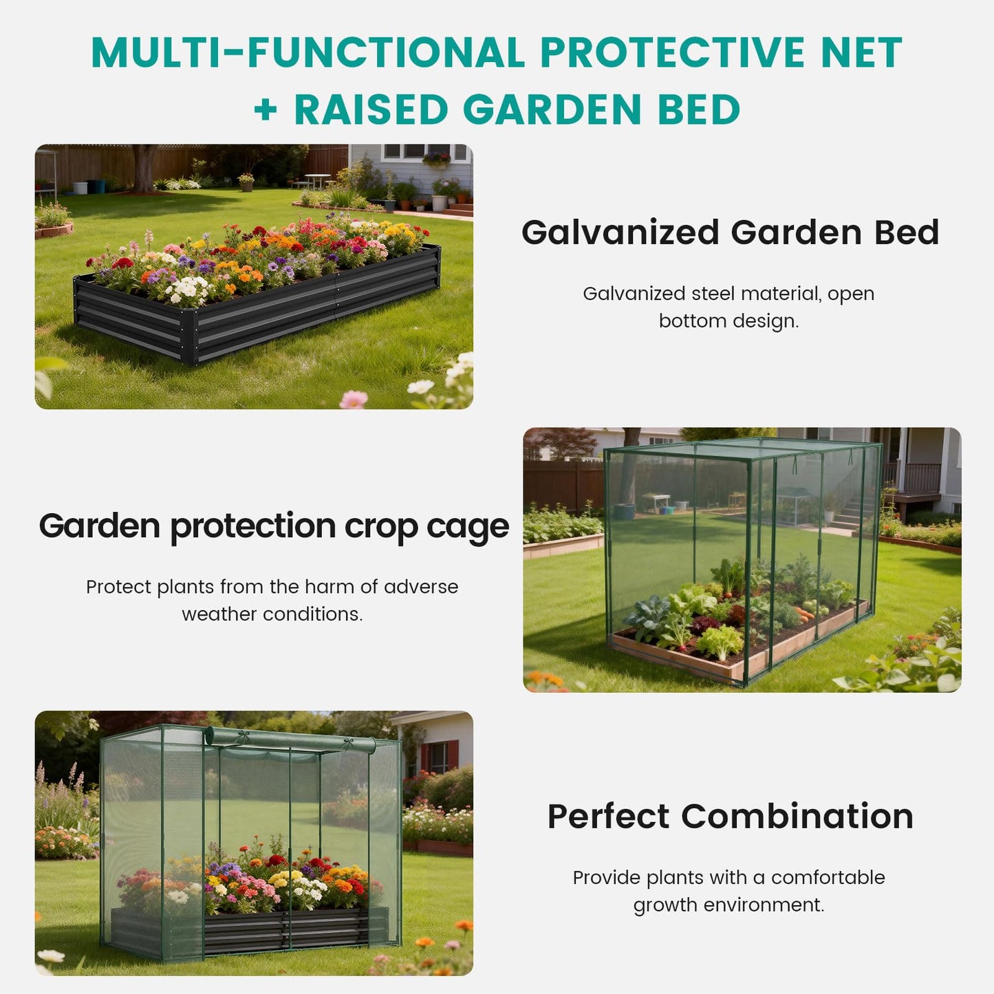 SUNYRISY Galvanized Raised Garden Bed with Protection Netting, Outdoor Metal Planter Box with Plant Crop Cage, Garden Box Protection for Gardening Vegetables Flowers Herbs Planting, Black
