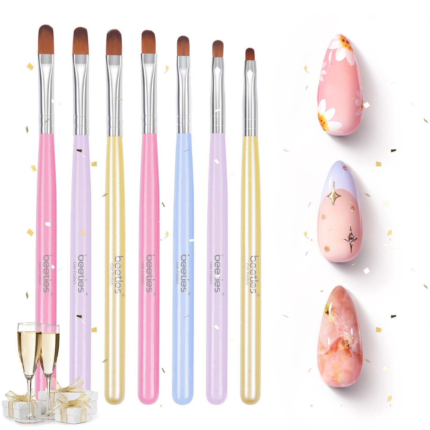 Beetles Nail Art Brushes 8pcs – Crystal Nail Art Tools 5pcs Double-headed Nails Dotting Tool, 3pcs Striping Liner Brushes for Nails with Pearls Bowknot Stickers, DIY Home Salon Manicure Design Tools