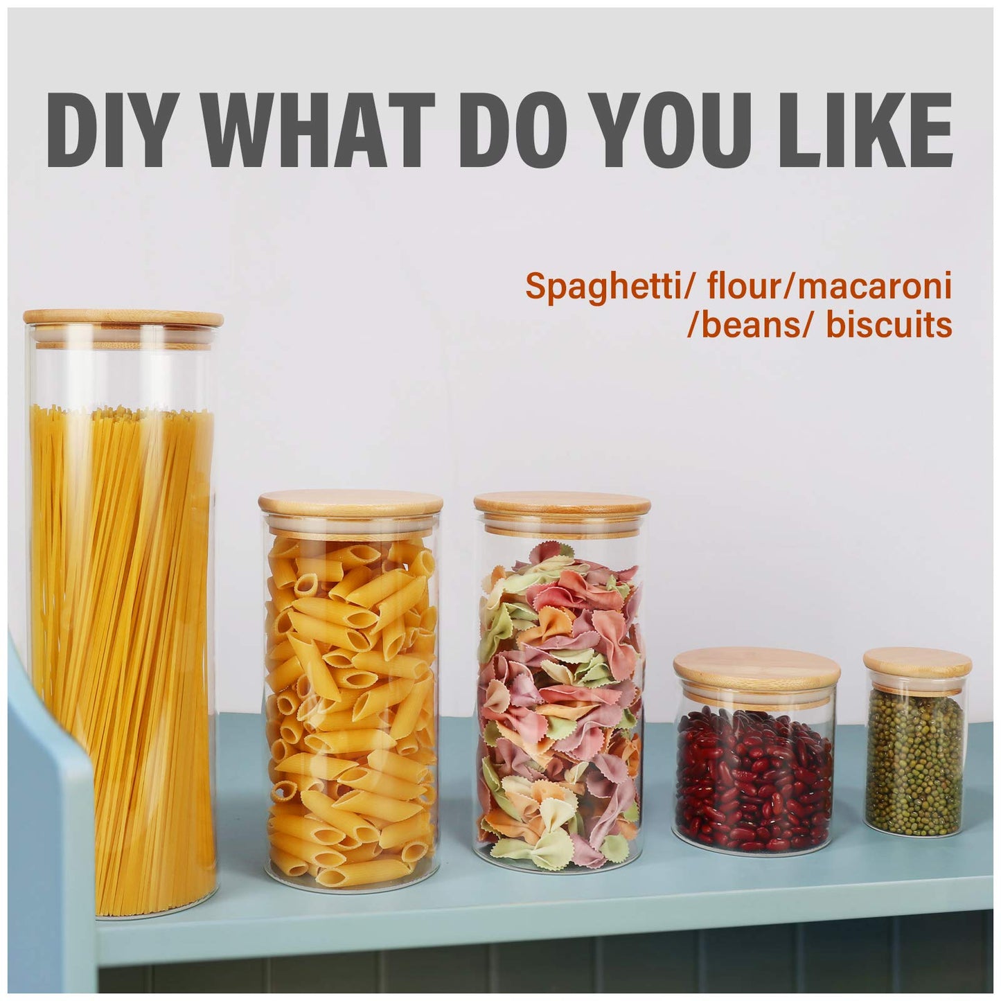 Glass Food Storage Containers Jars with Airtight Bamboo Lid 20 oz 9 pcs, 590 ml Pantry Organization Jar, Glass Terrarium with Lid, Spice, Flour and Sugar Container, Canister Set for Kitchen Counter