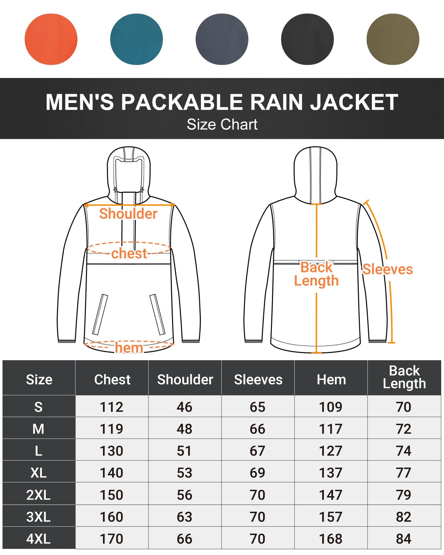 Outdoor Ventures Rain Jacket for Men Waterproof Pullover Lightweight Hooded Outdoor Raincoat Packaway Breathable Reflective Anorak Jacket for Travelling, Camping, Running, Hiking, Black L