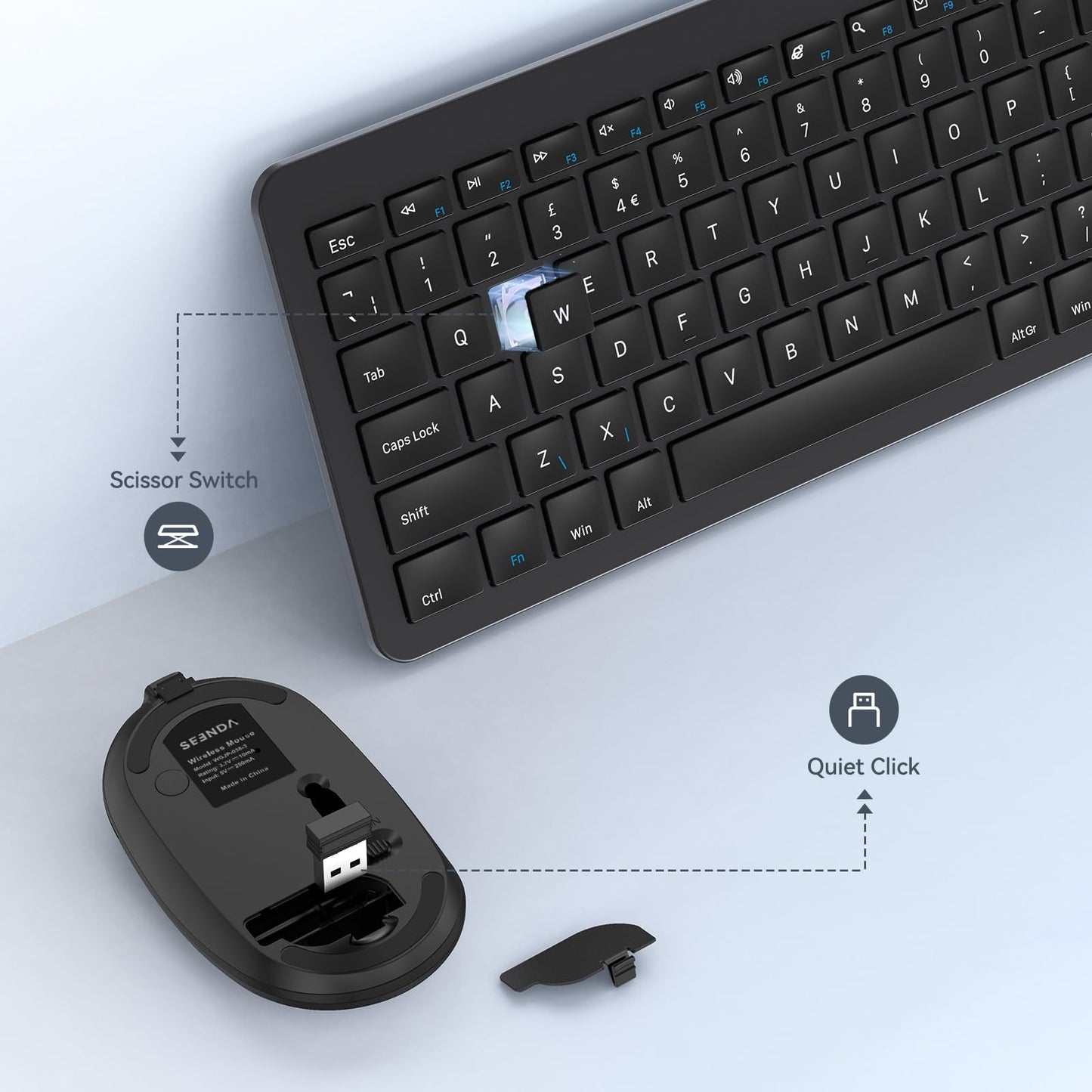seenda Rechargeable Wireless Keyboard and Mouse, SK38-3 Ultra Slim Quiet USB Keyboard and Mouse Set for Windows Laptop PC, Full-Size QWERTY UK Layout, Black