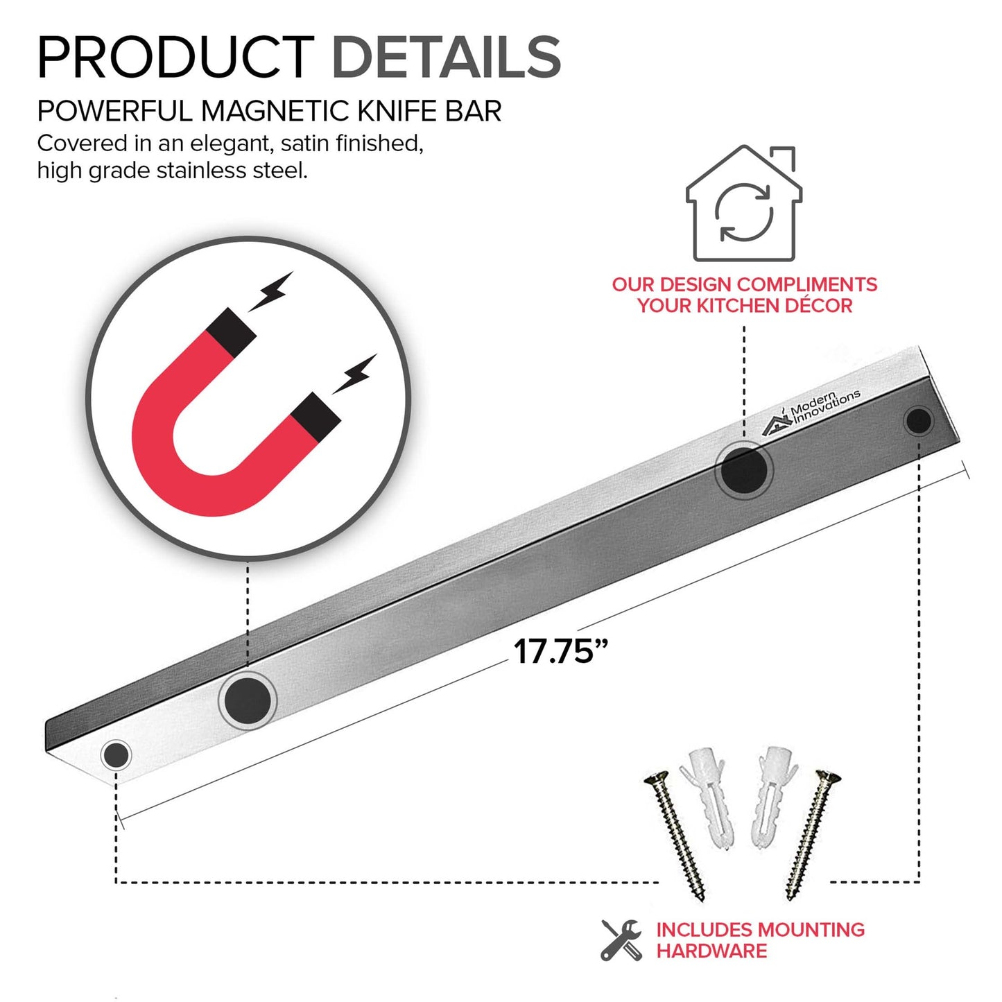 Modern Innovations 12 Inch Stainless Steel Magnetic Knife Bar with Multipurpose Use as Knife Holder, Knife Rack, Knife Strip, Kitchen Utensil Holder, Tool Holder, Art Supply Organizer, Home Organizer