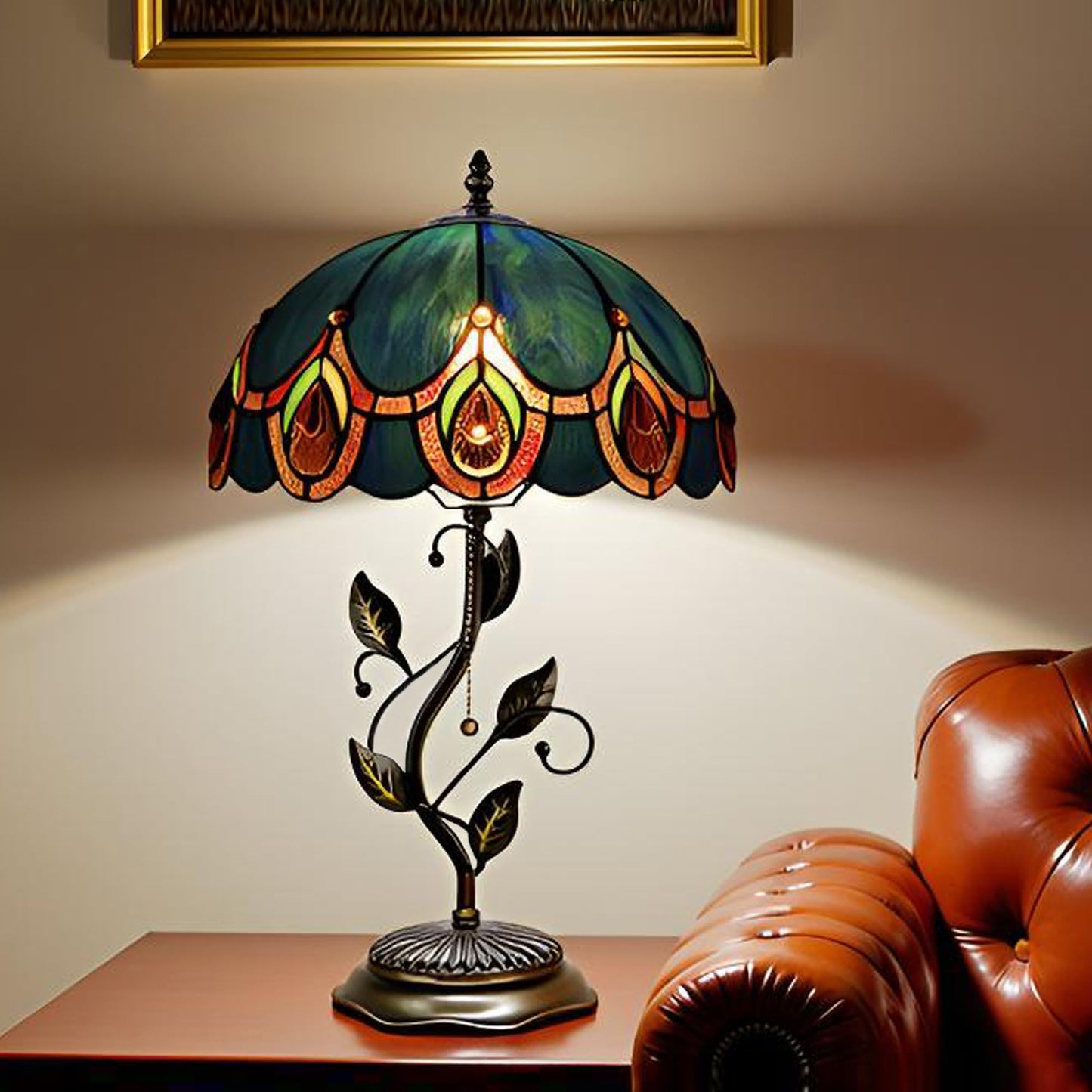 HWDFEI Tiffany Table Lamp, Stained Glass Style Desk Lamp, 12X12X19 Inch,Bedside Reading Light, Metal Leaf Base（Peacock Crystal Style