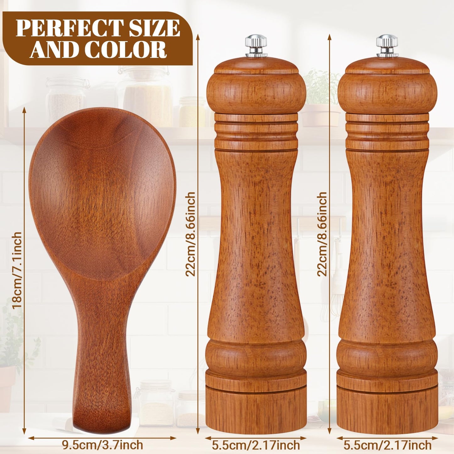 Patelai 3 Pcs Kitchen Counter Set Oak Wood Salt Pepper Grinder with Bamboo Spoon Rest Holder Modern Farmhouse Rustic Accessories for Kitchen Cooking Serving Dining BBQ Table Countertop Decoration
