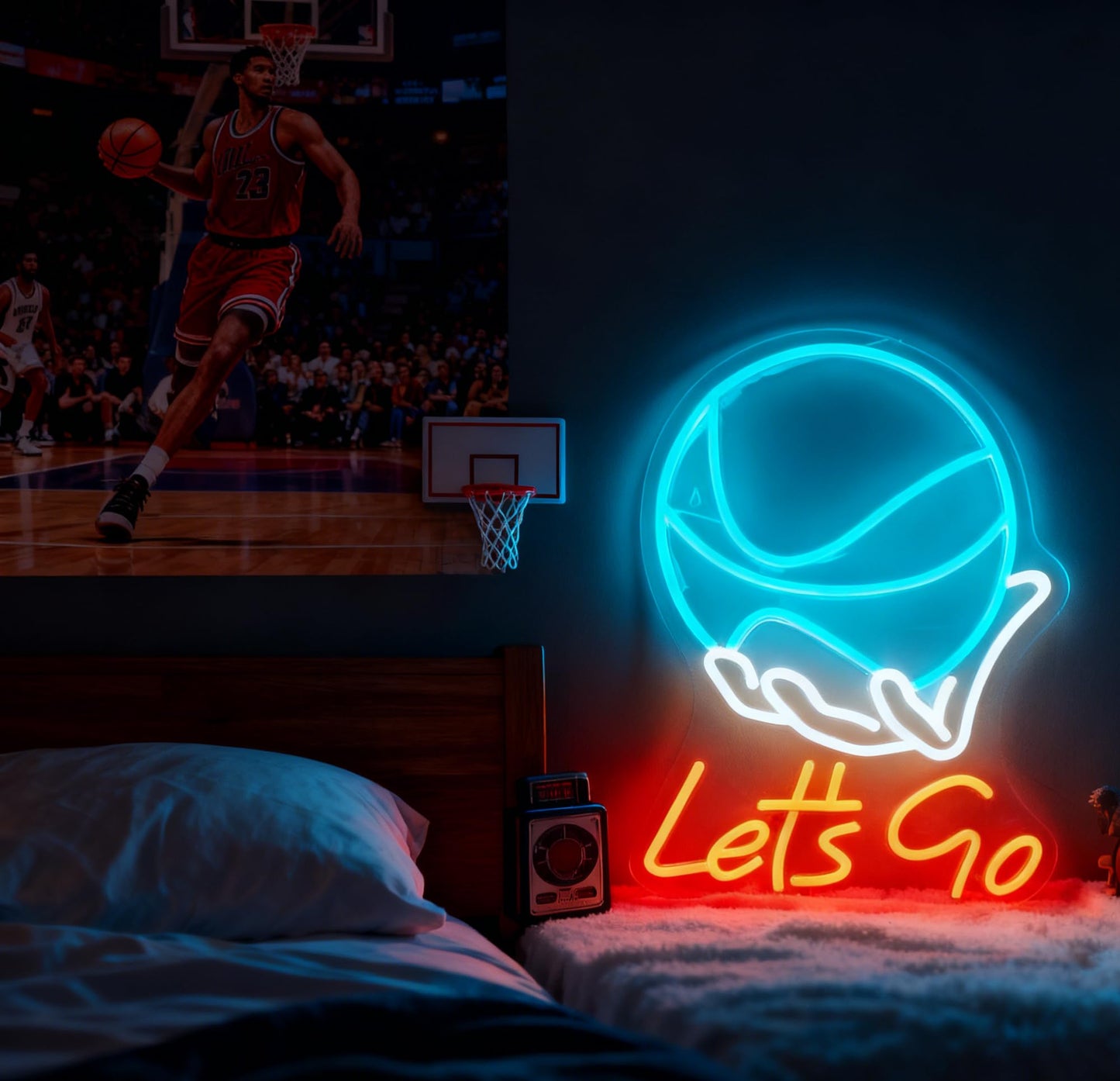 Lets Go Basketball Neon Sign, Sports Theme Light Up Sign, Basketball Fan Teen Boy Gift Bedroom Game Space Gym Wall Table Decor, USB Powered Dimmable Decorative Neon Light 16.9 x 12.6 In