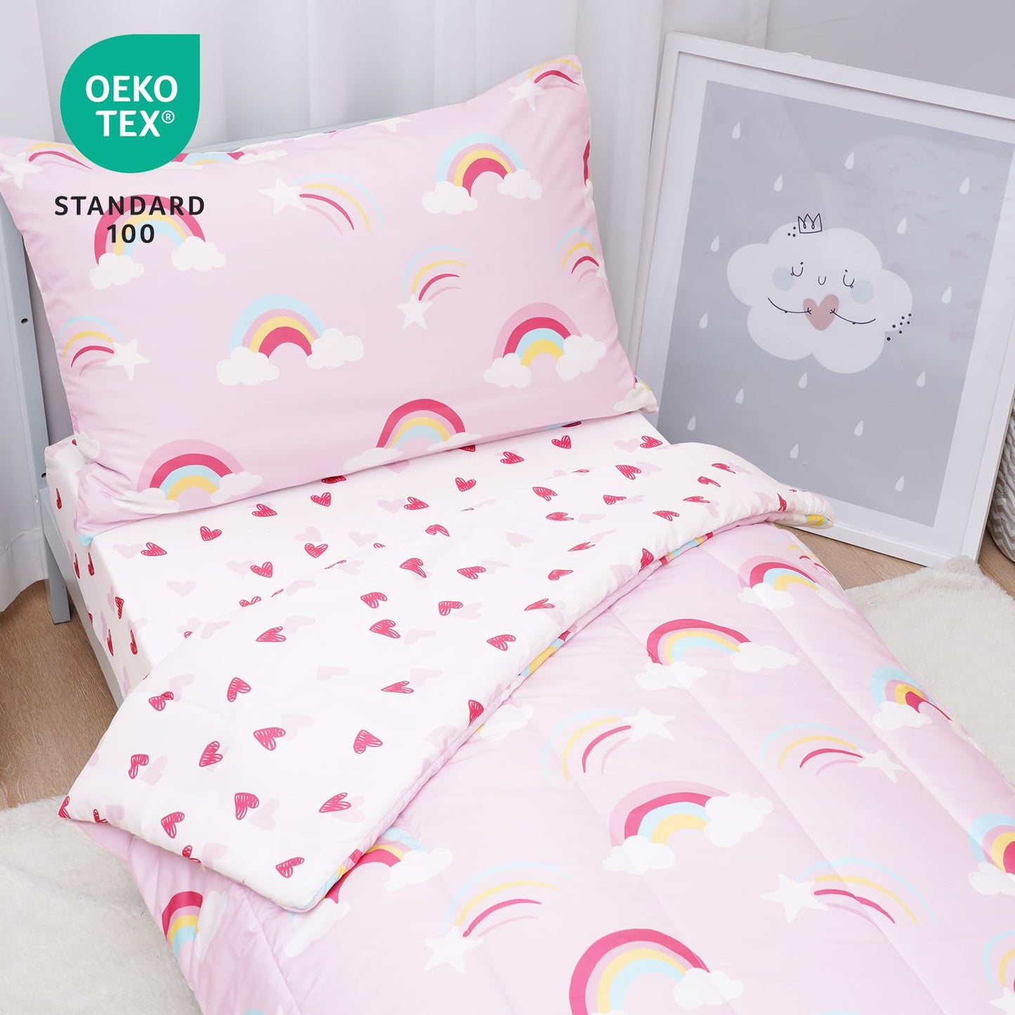 david's kids 4 Piece Toddler Bedding Set - Soft Breathable Toddler Bedding Set for Girls, Includes Quilted Comforter, Flat Sheet, Fitted Sheet and Pillowcase, Rainbow