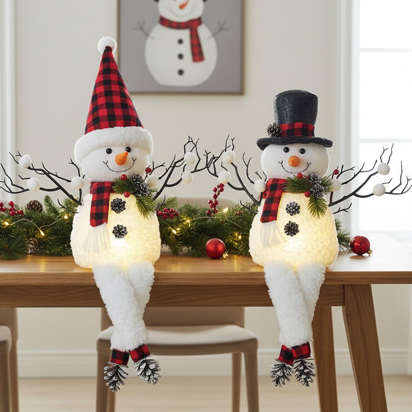 2 Pack Christmas Table Decorations, 18" Lighted Plush Snowmen Christmas Trees with Pine Cone Twigs, Light Up Snowman Holiday Present, Battery Operated Xmas Gifts Tabletop Ornaments (Black and Red)