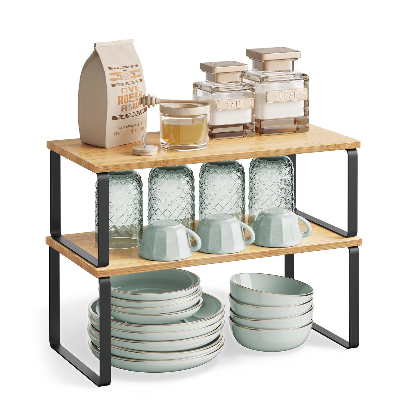 SONGMICS Cabinet Organizer Shelf, Set of 4 Kitchen Counter Shelves, Kitchen Storage, Spice Rack, Stackable, Expandable, Metal and Engineered Wood, Cloud White and Natural Beige UKCS010N01