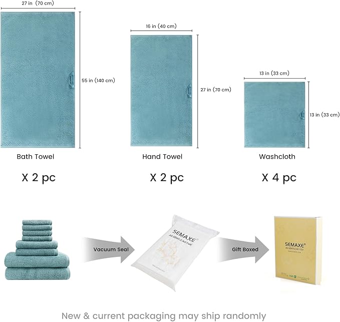 SEMAXE Bath Towel Set, 100% Cotton Bathroom Towels