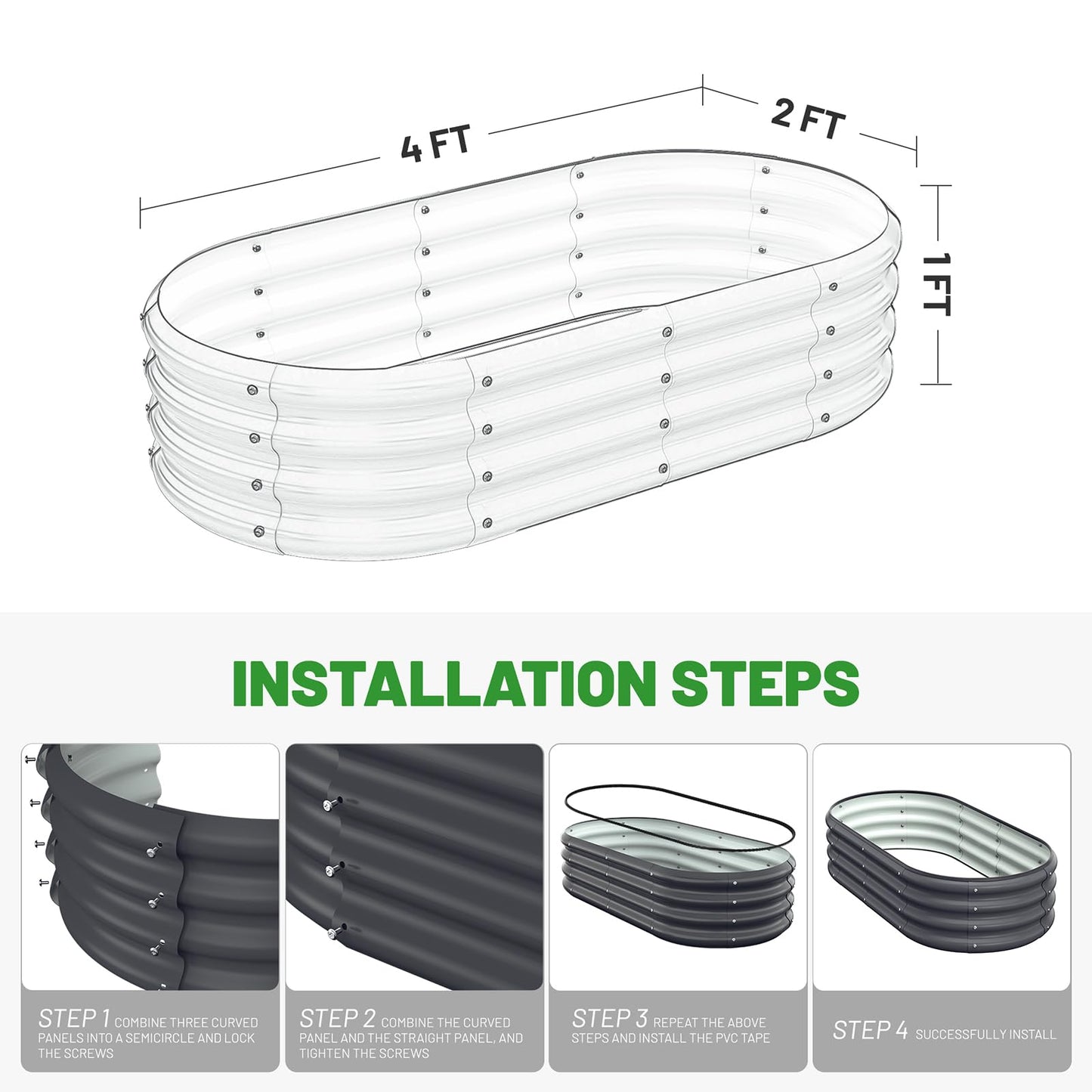 Anmiro Galvanized Steel Raised Garden Beds, 4x2x1ft-2PCS for Lightweight Planter Boxes Outdoor with Easy Assembly, Oval Large Gardening Box for Vegetables, Fruits, Flower,Black