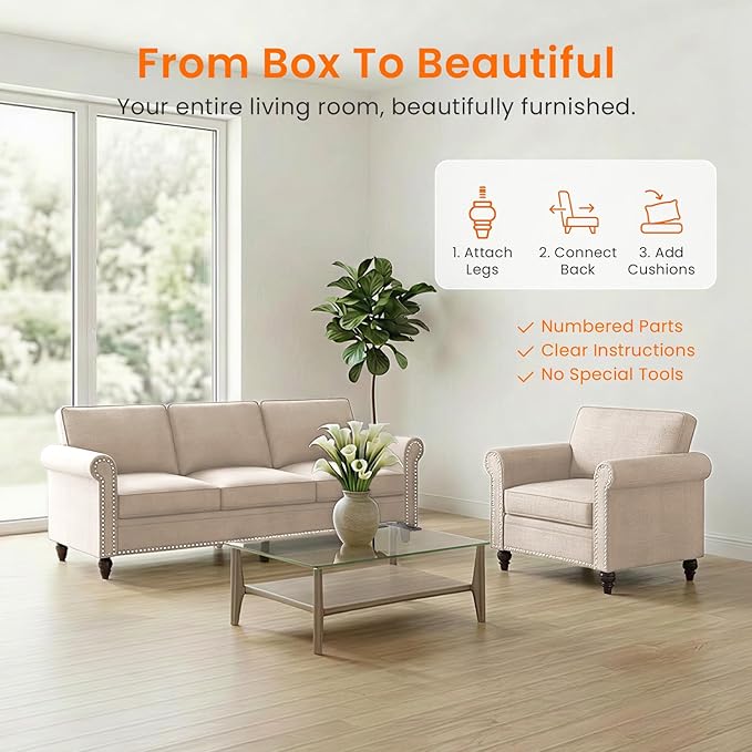 2 Piece Living Room Sofa Sets, Modern 3 Seater Sofa and Armchair Sets, Linen