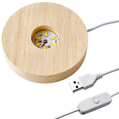 vskikris Wooden LED Light Display Base, Round Lighted Lamp Stand Desk Table Holder (with USB Cable Switch) - Warm Light Version for Crystal, Glass, Acrylic, 3D Resin Lamp Models