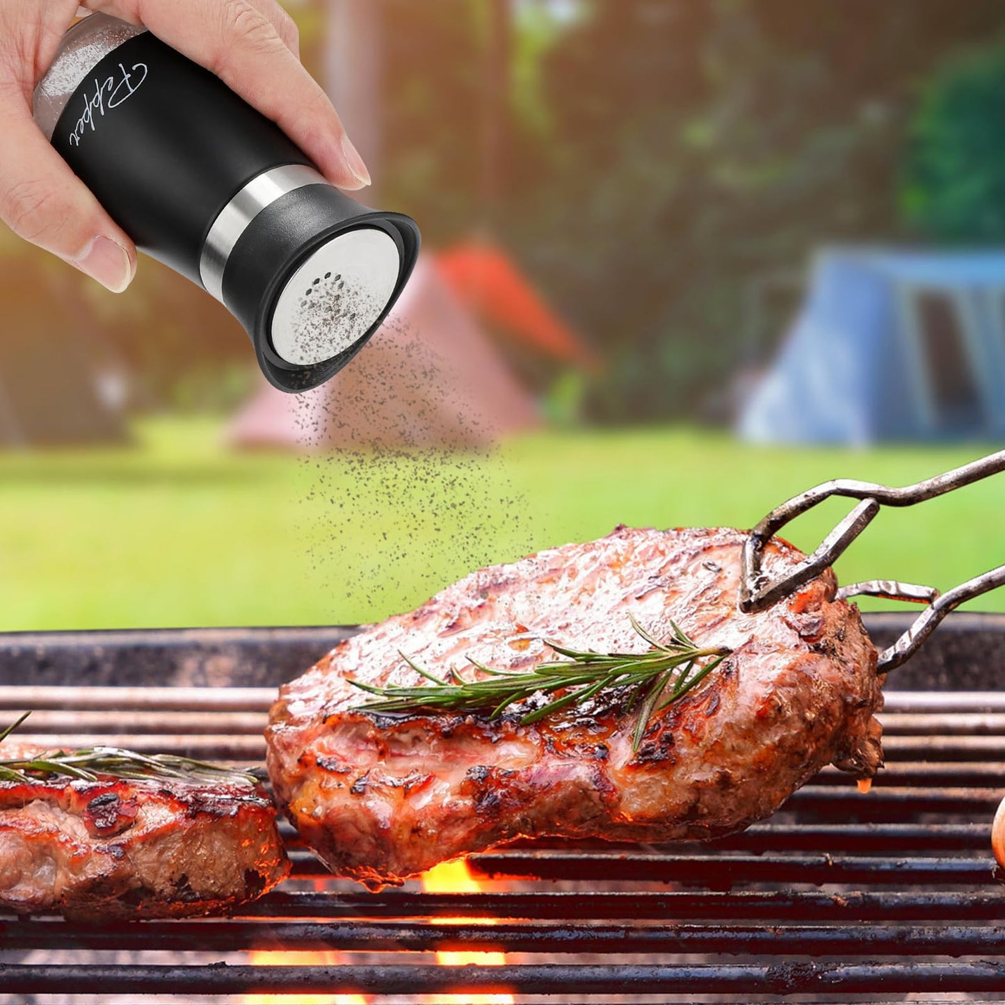 Accmor Salt and Pepper Shakers Set with Holder, 4 oz Stainless Steel Salt Pepper Shaker Containers with Glass Bottom for Kitchen Cooking, BBQ, Bar, Table, RV, Camp