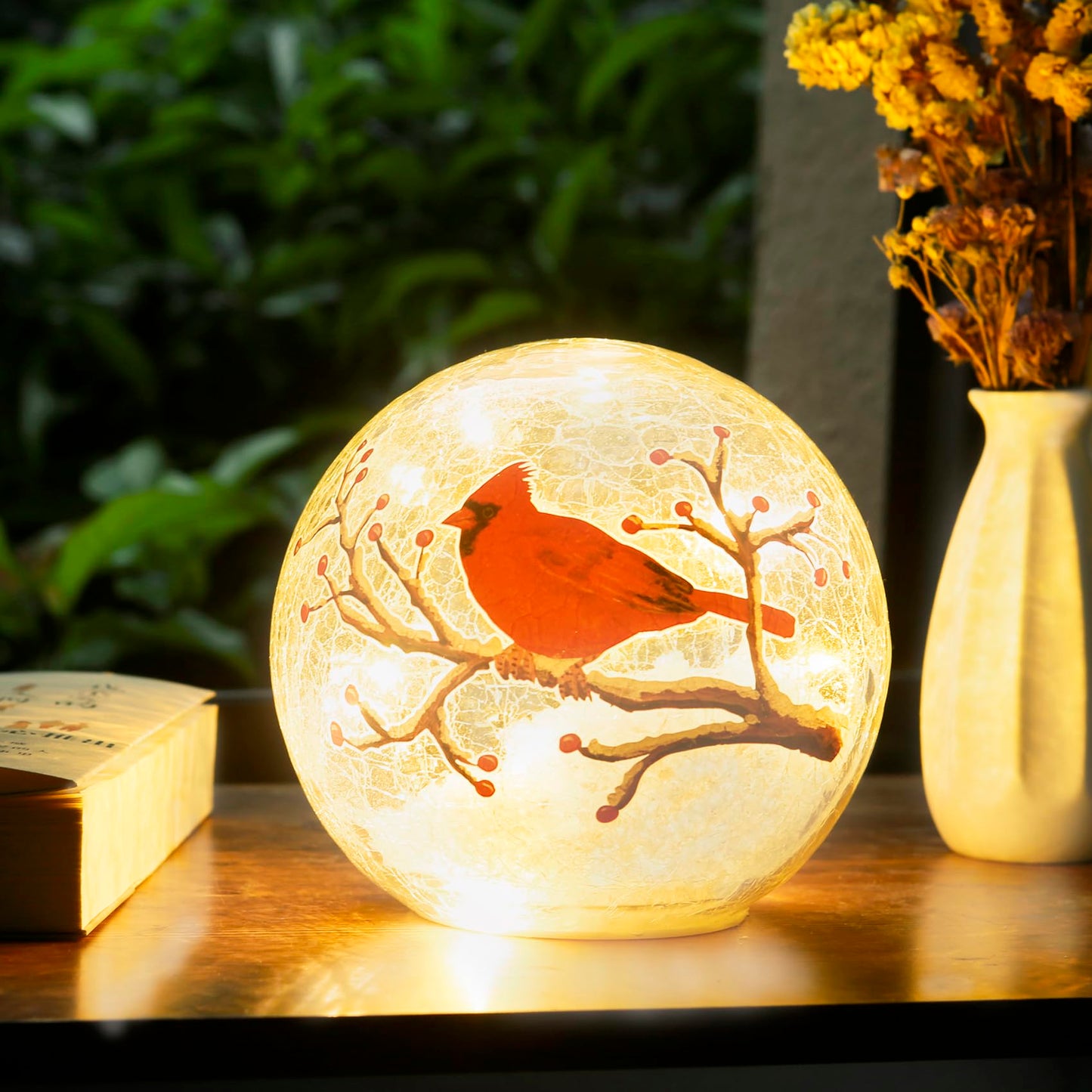 Kaowod Crackle Glass Cardinal Lamp with Timer, Battery Operated Large Red Cardinal Stained Glass Christmas Decor Accent Ball Lamp, Lighted Up Red Bird Globe Table Light, Led Sphere Desk Lamp