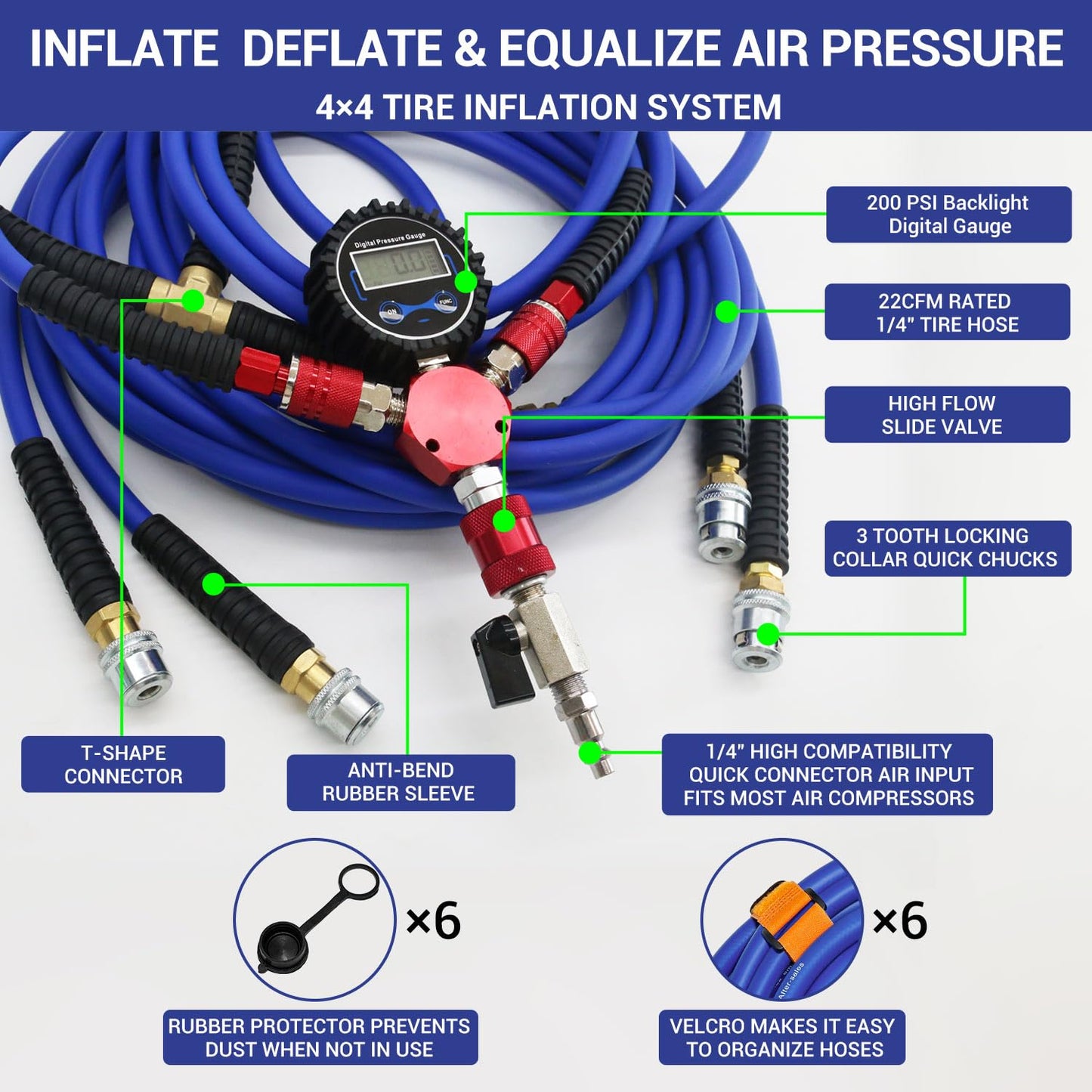 FACFUEL 4 Tire Inflation System, Fits Up to 200" Wheelbase, Rapid High Flow 4 Way Tire Inflator with Hard Case, Lock-On Air Chucks Manifold, Digital Gauge, Portable Off Road Tire Deflator