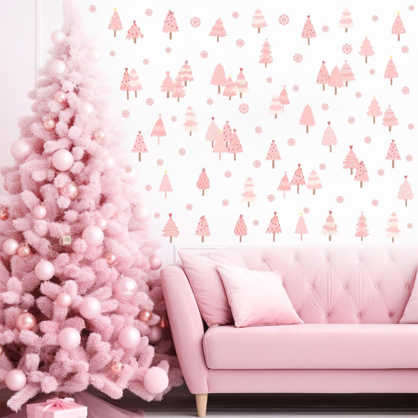 Pink Christmas Tree Wall Decals Merry Christmas Wall Stickers Peel and Stick Xmas Snowflake Sticker for Crafts Decoration Home Indoor Pink Pine Tree Decal for Kids Bedroom Winter Holiday Party Decor