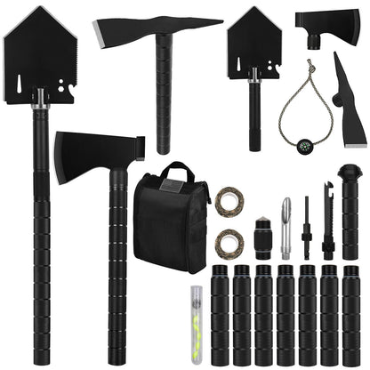 IUNIO Survival Off-Roading Tool Kit, 19 in 1 Folding Shovel, Camping Axe, Multitool, Pickaxe, with Carrying Bag, for Outdoor, Car Emergency (Upgrade Black)