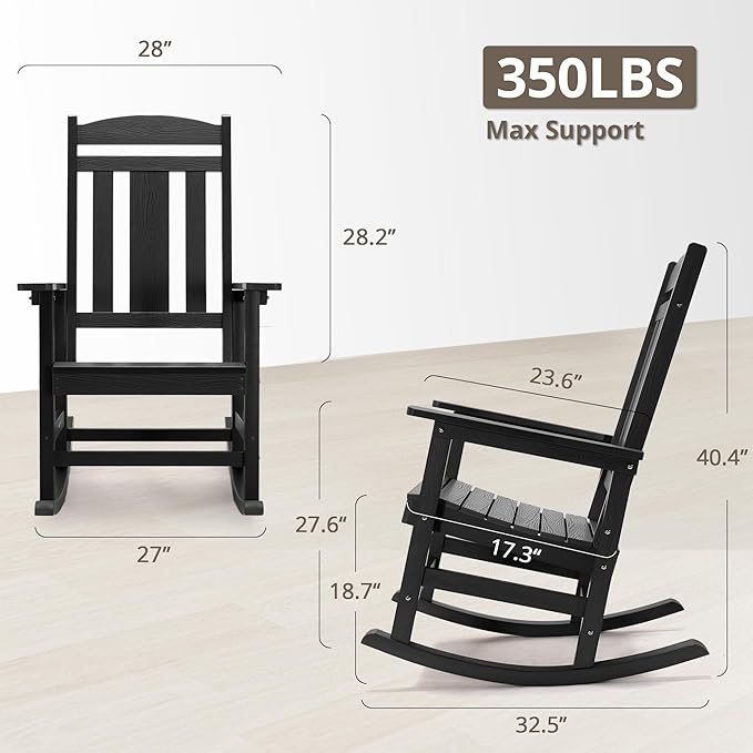 LUE BONA Outdoor Rocking Chairs Set of 2, Weather Resistant Poly Plastic Rocker, 350lb Heavy Duty, Oversized Porch Rocker for Adult, High Back Smooth for Outdoor & Indoor, Black