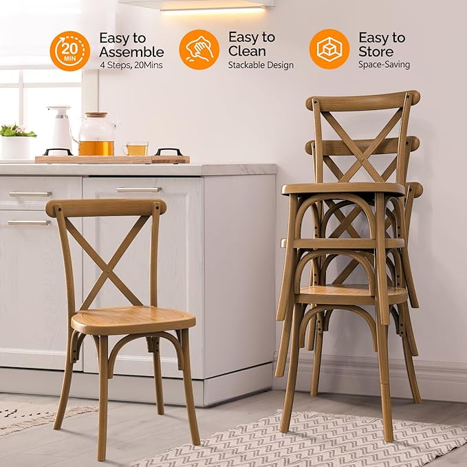 VINGLI Plastic Outdoor Dining Chairs Set of 6, Stackable Patio Farmhouse Brown Dining Chairs with X Back, Waterproof Kitchen & Dining Room Chairs for Indoor-Outdoor, Capacity 400 lbs