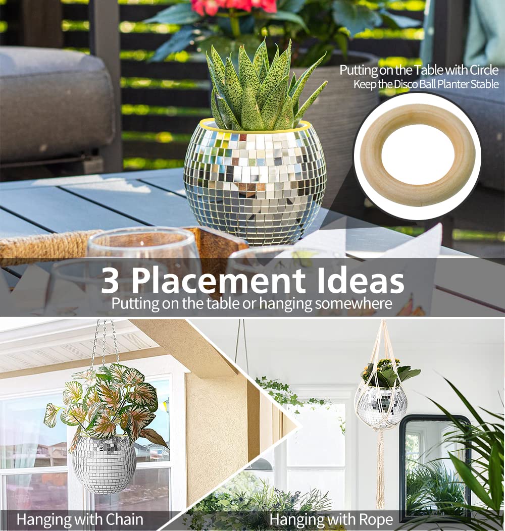 FGBNM Disco Ball Planter, 8" Silver Disco Ball Planter, Disco Ball Plant Hanger with Hanging Rope, Hanging Chain, Hook, Circle and Extra Mirror Pieces