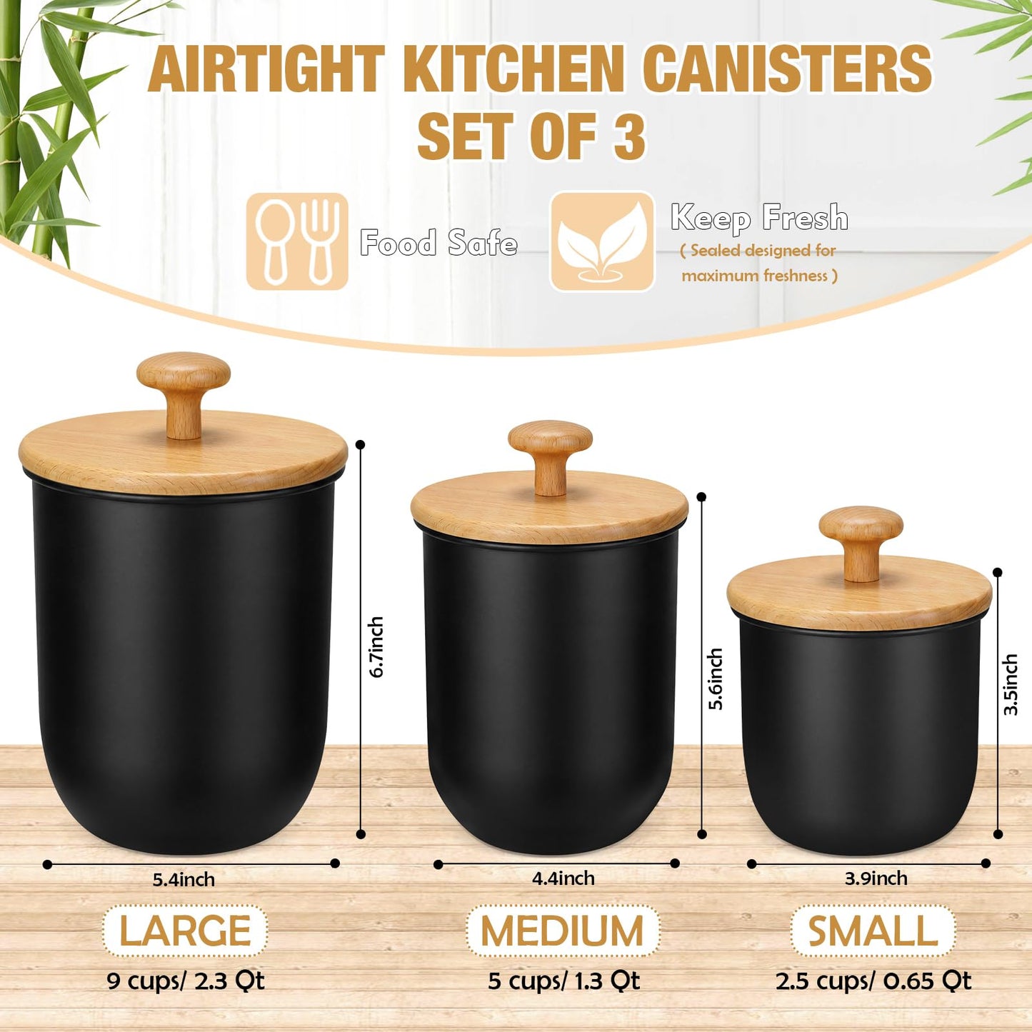 Remerry Metal Kitchen Canisters for Countertop Set of 3 Sugar Flour Canisters Set with Airtight Bamboo Lids Kitchen Jars with Spoon DIY Labels for Coffee, Tea, Spice, Sugar, Salt(Black)
