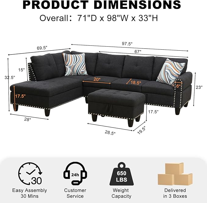 Wakefit Sectional Sofa Couch, Modern 4-Seaters Living Room Furniture Sets