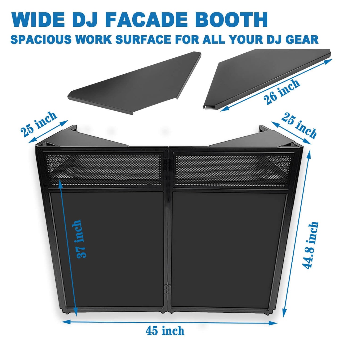 2026 Upgraded DJ Booth Stand Portable – 45"L x 25"W Foldable DJ Facade Booth with Dual Corner Panels, Wheels, Mobile DJ Controller Stand with Scrim & Carry Bag for Weddings, Parties & Events