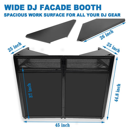 2026 Upgraded DJ Booth Stand Portable – 45"L x 25"W Foldable DJ Facade Booth with Dual Corner Panels, Wheels, Mobile DJ Controller Stand with Scrim & Carry Bag for Weddings, Parties & Events