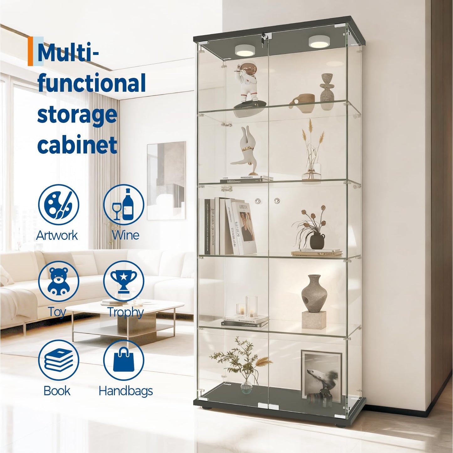 IDEALHOUSE Tempered Glass Display Cabinet with LED Light, 5 Shelves Lockable Curio Showcase, Double Doors Storage Cabinet for Living Room Bedroom Office, Black