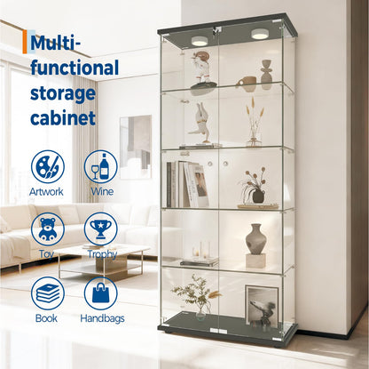 IDEALHOUSE Tempered Glass Display Cabinet with LED Light, 5 Shelves Lockable Curio Showcase, Double Doors Storage Cabinet for Living Room Bedroom Office, Black